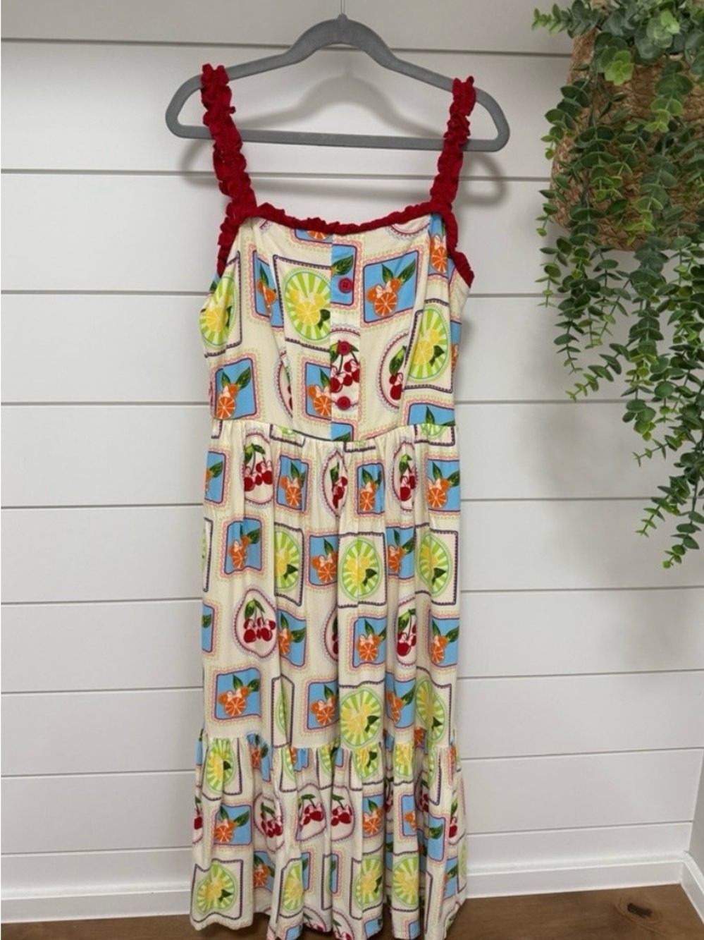 Disney Brand Her Universe Cream Fruit-Panel Maxi Dress with Red Ruffle Straps